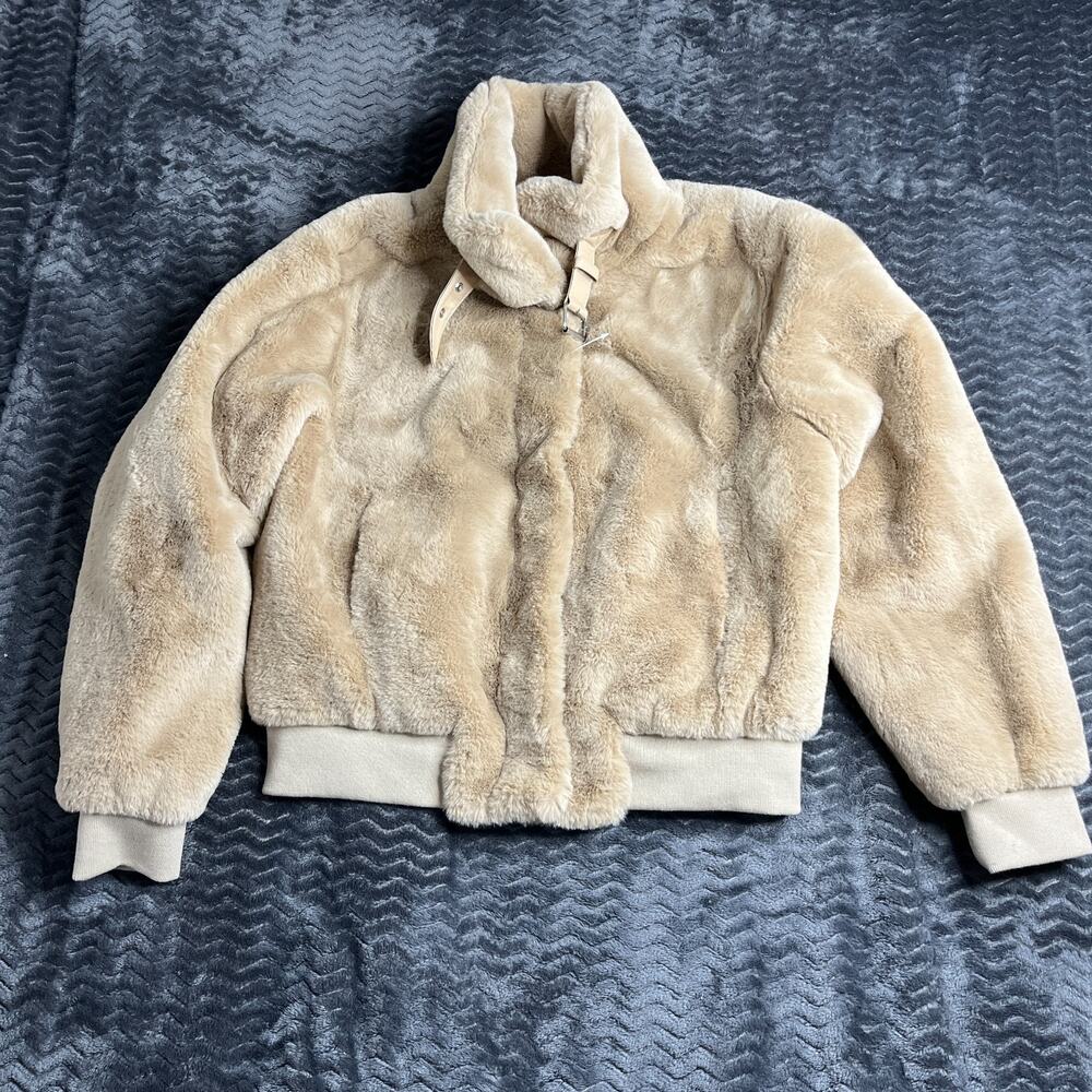 Womens Faux-Fur Bomber Jacket buckle neck tan size M